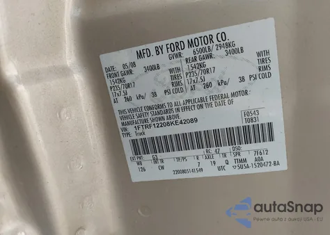 2008 Ford F-150 Stx/Xl/Xlt из США, поврежденный, VIN 1FTRF12208KE42089